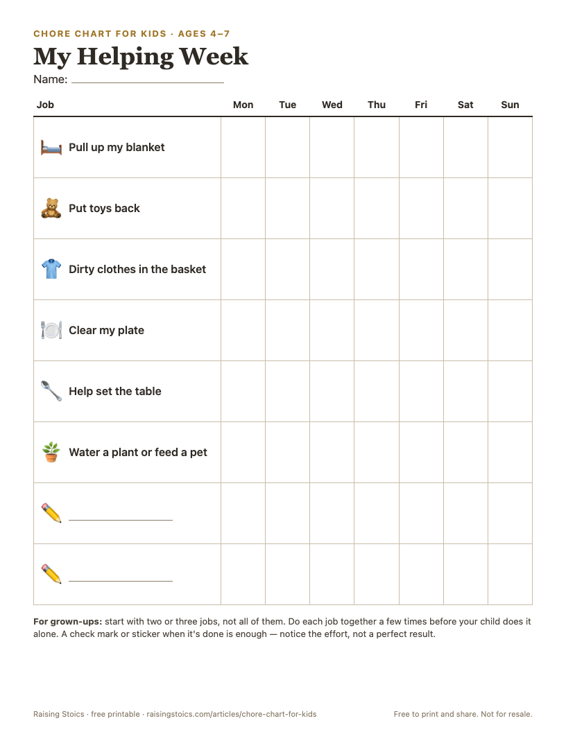 Printable chore chart for kids: a weekly grid titled My Helping Week with six picture jobs like Put toys back and Clear my plate, two blank rows, and Monday to Sunday columns
