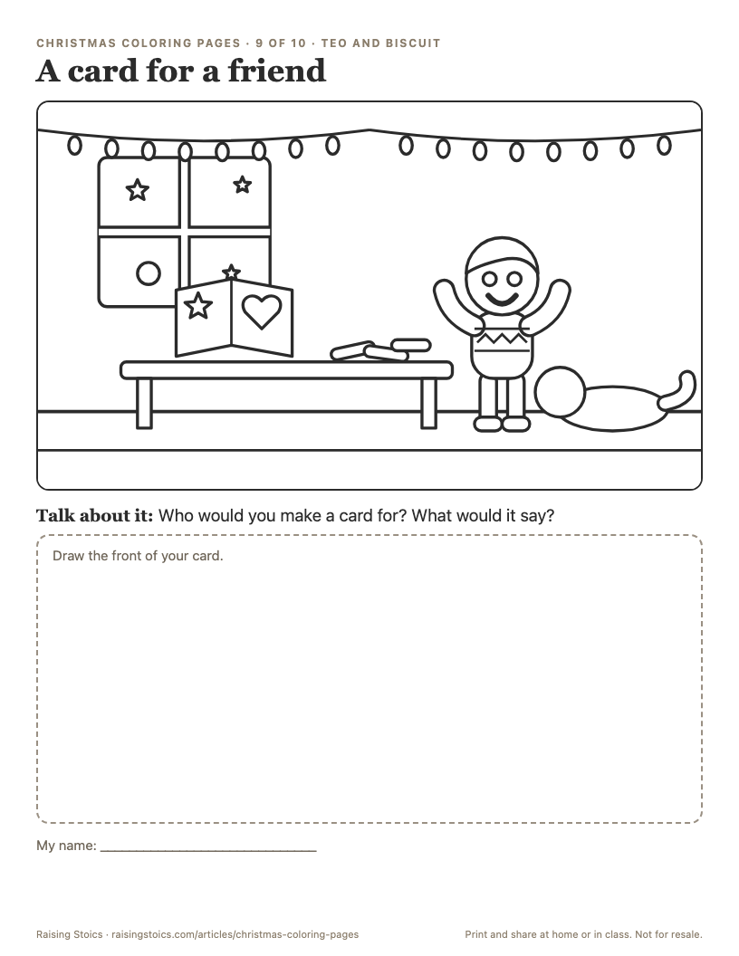Coloring page: Teo cheers next to a table with a folded card showing a star and a heart and a few crayons, while Biscuit naps on the floor