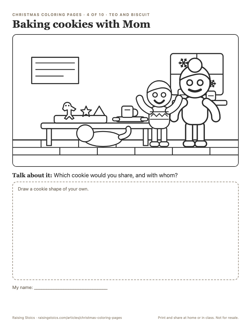 Coloring page: Teo and his mom stand in the kitchen next to a tray of cookie shapes, a gingerbread man, a star, and a tree, with a rolling pin and a mug, and Biscuit lying under the table