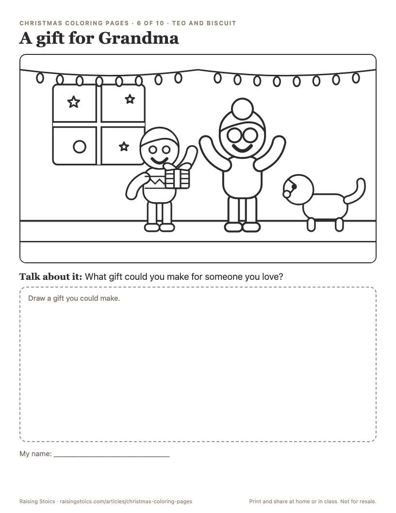 Coloring page: Teo holds out a wrapped gift with a bow to his grandma, who raises both hands in delight, while Biscuit watches from the side