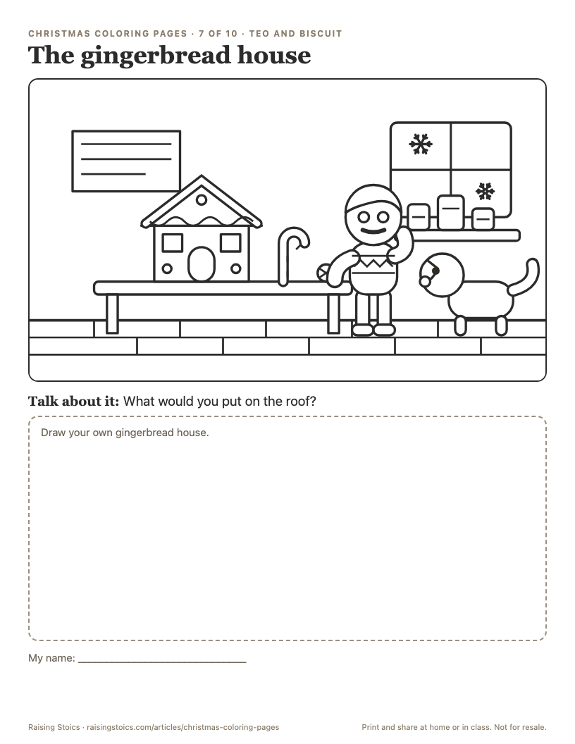 Coloring page: Teo stands in the kitchen looking at a gingerbread house with a decorated roof and a candy cane on the table, with Biscuit sitting beside him