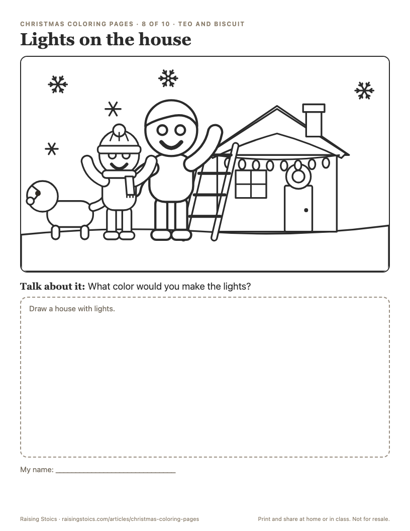 Coloring page: Teo and his dad stand in the snow by a ladder against a house strung with Christmas lights and a wreath on the door, with Biscuit next to them