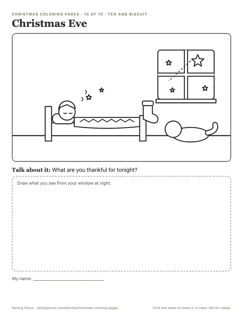 Coloring page: Teo sleeps in bed on Christmas Eve with a stocking hanging from the bedpost, Biscuit asleep on the floor, and a shooting star in the window