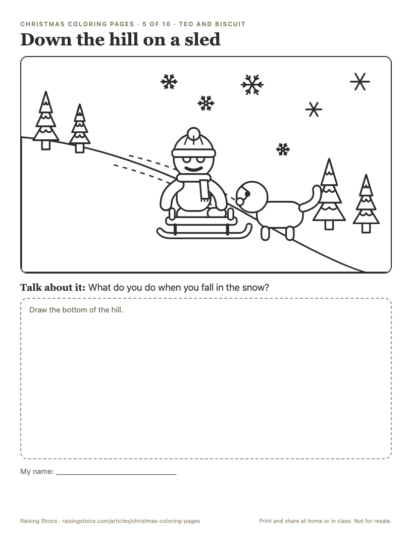Coloring page: Teo rides a sled down a snowy hill with Biscuit running alongside, pine trees on the slope, and snowflakes in the sky