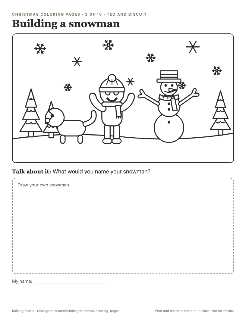 Coloring page: Teo in a knit hat and scarf raises his arms next to a snowman with a top hat, a carrot nose, and stick arms, with Biscuit, pine trees, and falling snowflakes