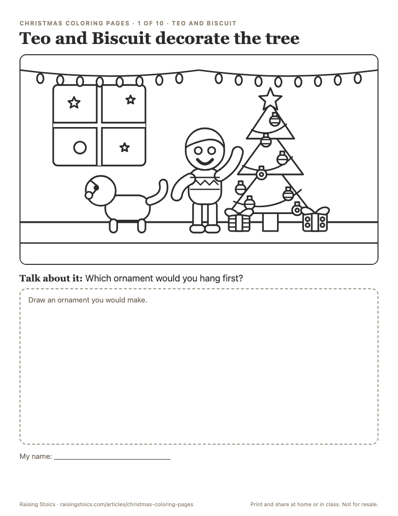 First page of the Christmas coloring pages: Teo waves next to a decorated tree with gifts underneath while his dog Biscuit stands by the window, with a talk question and an empty drawing box below