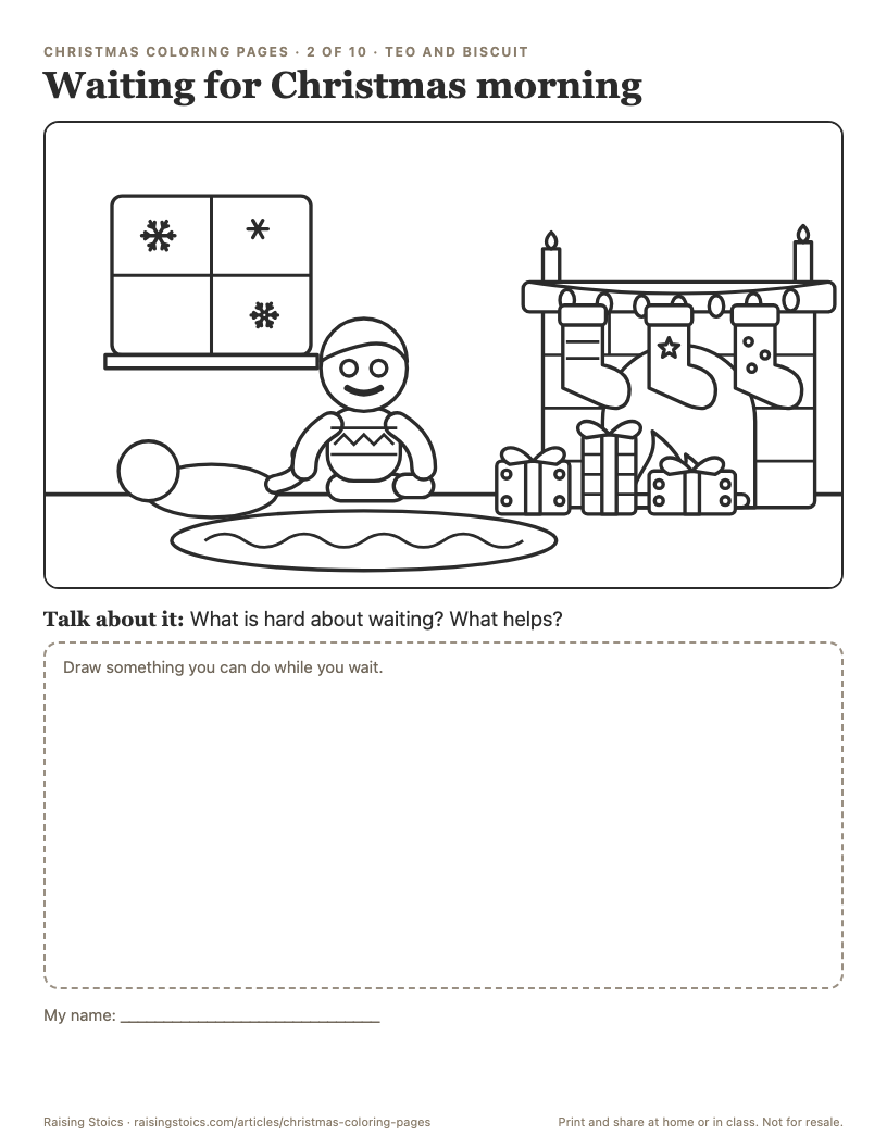 Coloring page: Teo sits on a rug by the fireplace with three stockings, two candles, and a pile of wrapped gifts, while Biscuit lies curled up next to him