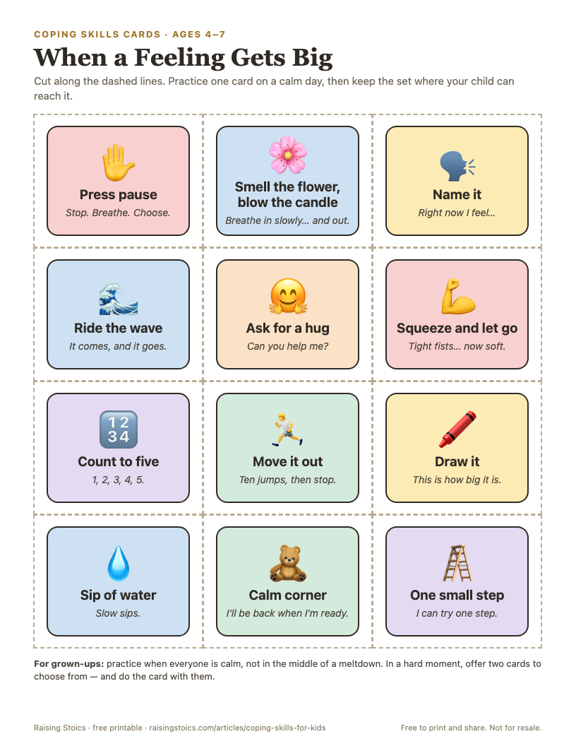 Coping skills cards printable for kids: twelve cut-out cards, each with a picture, a short action like Press pause or Ride the wave, and a phrase to say