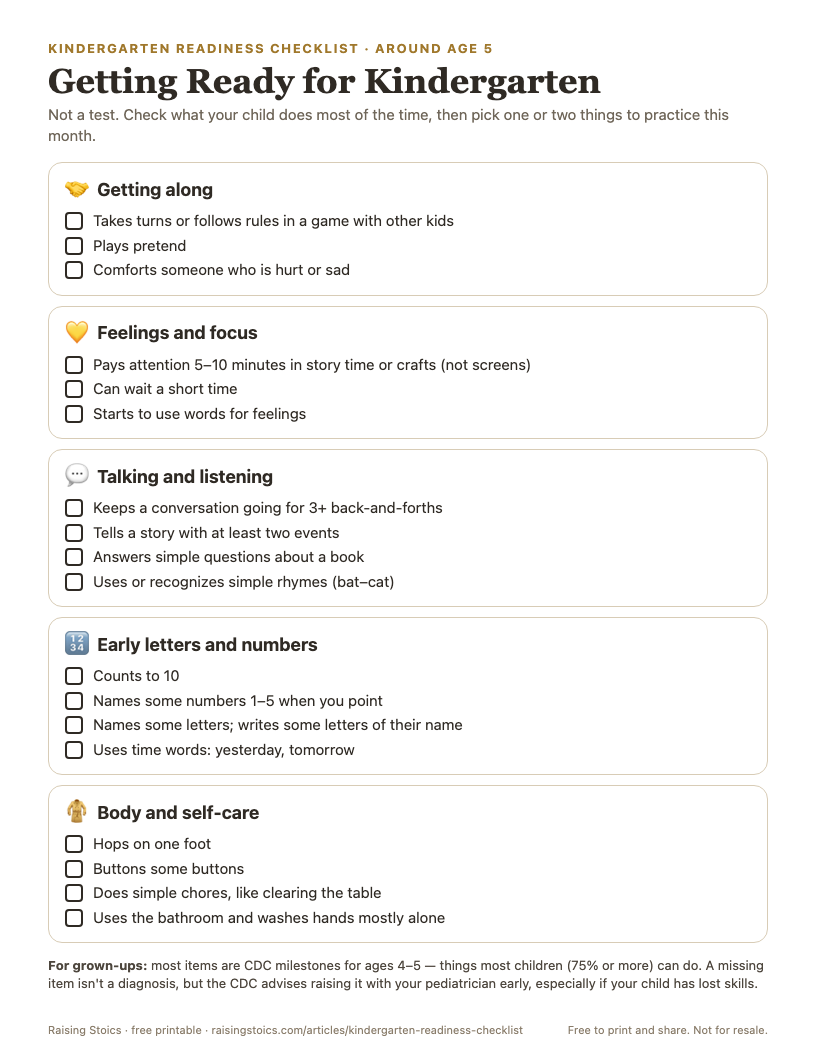Kindergarten readiness checklist printable: skills grouped into getting along, feelings and focus, talking and listening, early math and letters, and body and self-care, each with a checkbox