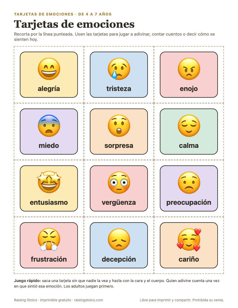 Tarjetas de emociones para niños: doce caritas con el nombre de cada emoción, para recortar