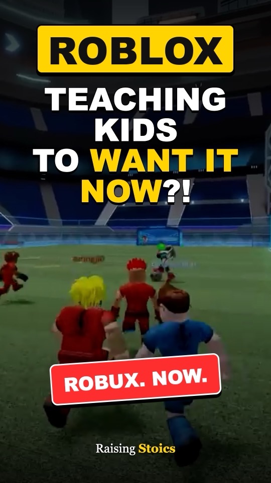 Video cover: Roblox and the words Teaching kids to want it now